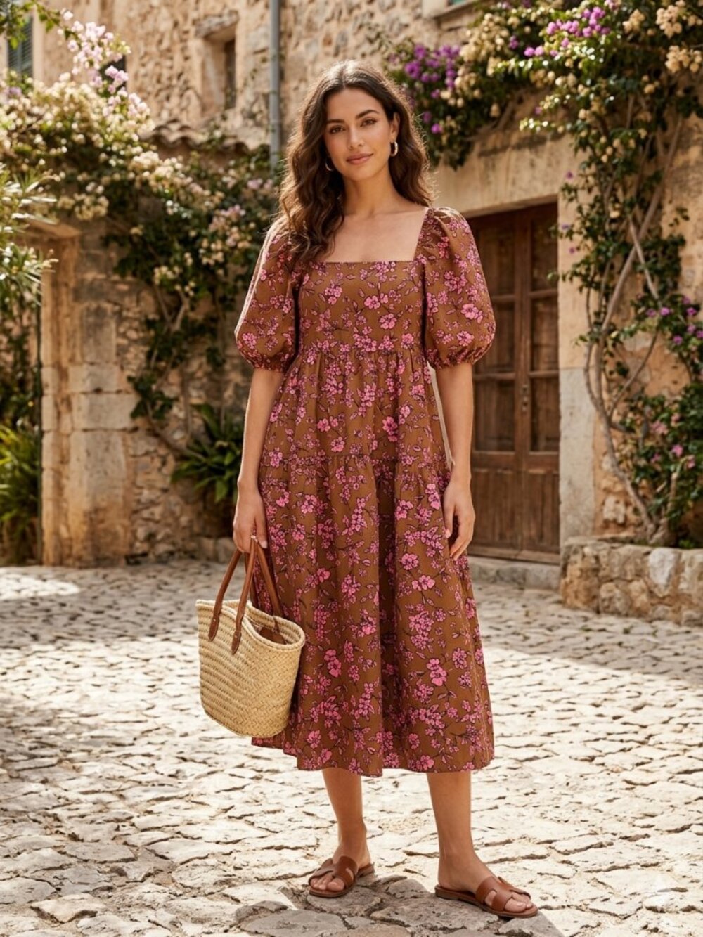 Piper & Scoot Chocolate Floral Tiered Puff Sleeve Smocked Midi Feminine Dress
